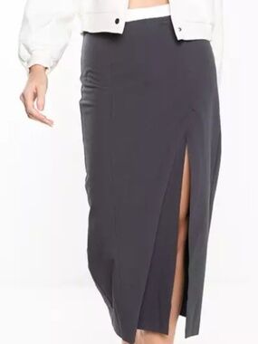 Zara Chacoal Gray Midi Pencil Skirt Side Slit White Satin Elastic Waist MED NWT